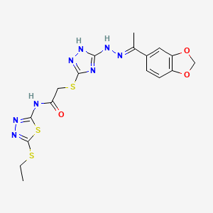 molecular formula C17H18N8O3S3 B4622090 2-[(5-{2-[1-(1,3-苯二氧唑-5-基)乙叉基]肼基}-4H-1,2,4-三唑-3-基)硫代]-N-[5-(乙硫基)-1,3,4-噻二唑-2-基]乙酰胺 