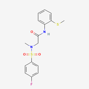 molecular formula C16H17FN2O3S2 B4622985 N~2~-[(4-氟苯基)磺酰基]-N~2~-甲基-N~1~-[2-(甲硫基)苯基]甘氨酰胺 