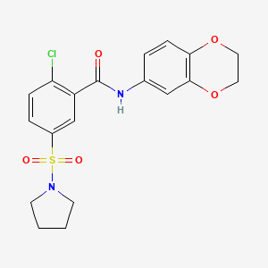 molecular formula C19H19ClN2O5S B4623635 2-chloro-N-(2,3-dihydro-1,4-benzodioxin-6-yl)-5-(1-pyrrolidinylsulfonyl)benzamide 