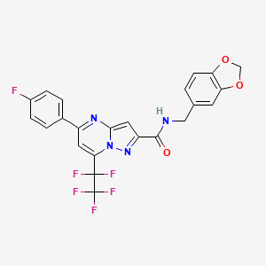 molecular formula C23H14F6N4O3 B4623651 N-(1,3-苯并二氧杂环-5-基甲基)-5-(4-氟苯基)-7-(五氟乙基)吡唑并[1,5-a]嘧啶-2-甲酰胺 
