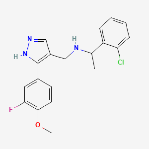molecular formula C19H19ClFN3O B4624100 1-(2-chlorophenyl)-N-{[3-(3-fluoro-4-methoxyphenyl)-1H-pyrazol-4-yl]methyl}ethanamine 
