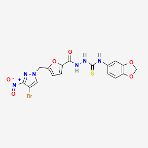 molecular formula C17H13BrN6O6S B4624643 N-1,3-苯并二氧杂环-5-基-2-{5-[(4-溴-3-硝基-1H-吡唑-1-基)甲基]-2-呋喃甲酰}肼硫代酰胺 