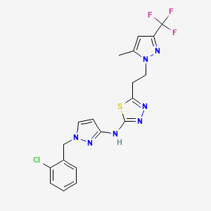 molecular formula C19H17ClF3N7S B4624686 N-[1-(2-chlorobenzyl)-1H-pyrazol-3-yl]-5-{2-[5-methyl-3-(trifluoromethyl)-1H-pyrazol-1-yl]ethyl}-1,3,4-thiadiazol-2-amine 