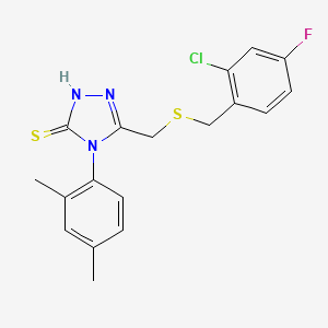 molecular formula C18H17ClFN3S2 B4624877 5-{[(2-chloro-4-fluorobenzyl)thio]methyl}-4-(2,4-dimethylphenyl)-4H-1,2,4-triazole-3-thiol 