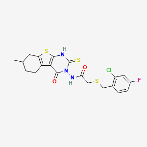 molecular formula C20H19ClFN3O2S3 B4627534 2-[(2-氯-4-氟苄基)硫代]-N-(2-巯基-7-甲基-4-氧代-5,6,7,8-四氢[1]苯并噻吩并[2,3-d]嘧啶-3(4H)-基)乙酰胺 