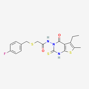 molecular formula C18H18FN3O2S3 B4627591 N-(5-ethyl-2-mercapto-6-methyl-4-oxothieno[2,3-d]pyrimidin-3(4H)-yl)-2-[(4-fluorobenzyl)thio]acetamide 