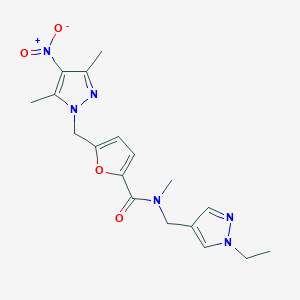 molecular formula C18H22N6O4 B4627694 5-[(3,5-dimethyl-4-nitro-1H-pyrazol-1-yl)methyl]-N-[(1-ethyl-1H-pyrazol-4-yl)methyl]-N-methyl-2-furamide 