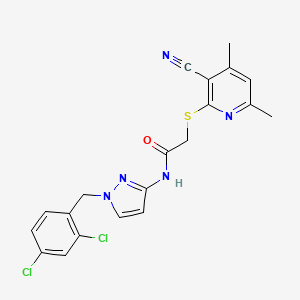 molecular formula C20H17Cl2N5OS B4628267 2-[(3-cyano-4,6-dimethyl-2-pyridinyl)thio]-N-[1-(2,4-dichlorobenzyl)-1H-pyrazol-3-yl]acetamide 