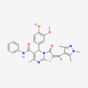 molecular formula C28H27N5O4S B4628273 5-(4-hydroxy-3-methoxyphenyl)-7-methyl-3-oxo-N-phenyl-2-[(1,3,5-trimethyl-1H-pyrazol-4-yl)methylene]-2,3-dihydro-5H-[1,3]thiazolo[3,2-a]pyrimidine-6-carboxamide 