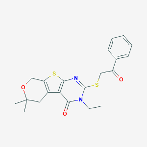 molecular formula C21H22N2O3S2 B463012 3-ethyl-6,6-dimethyl-2-[(2-oxo-2-phenylethyl)sulfanyl]-3,5,6,8-tetrahydro-4H-pyrano[4',3':4,5]thieno[2,3-d]pyrimidin-4-one CAS No. 314041-97-9