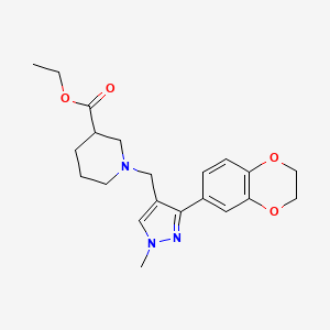 molecular formula C21H27N3O4 B4630951 ethyl 1-{[3-(2,3-dihydro-1,4-benzodioxin-6-yl)-1-methyl-1H-pyrazol-4-yl]methyl}-3-piperidinecarboxylate 