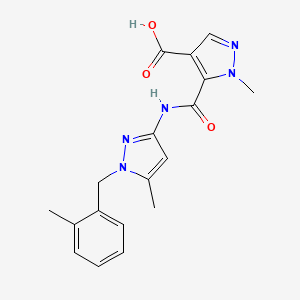 molecular formula C18H19N5O3 B4631329 1-methyl-5-({[5-methyl-1-(2-methylbenzyl)-1H-pyrazol-3-yl]amino}carbonyl)-1H-pyrazole-4-carboxylic acid 