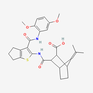 molecular formula C28H32N2O6S B4631687 3-{[(3-{[(2,5-dimethoxyphenyl)amino]carbonyl}-5,6-dihydro-4H-cyclopenta[b]thien-2-yl)amino]carbonyl}-7-(1-methylethylidene)bicyclo[2.2.1]heptane-2-carboxylic acid 