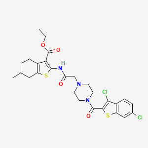 molecular formula C27H29Cl2N3O4S2 B4633737 Ethyl 2-[({4-[(3,6-dichloro-1-benzothiophen-2-yl)carbonyl]piperazin-1-yl}acetyl)amino]-6-methyl-4,5,6,7-tetrahydro-1-benzothiophene-3-carboxylate 