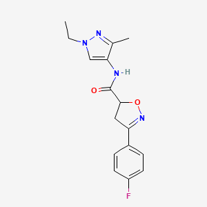 molecular formula C16H17FN4O2 B4634499 N-(1-ethyl-3-methyl-1H-pyrazol-4-yl)-3-(4-fluorophenyl)-4,5-dihydro-5-isoxazolecarboxamide 