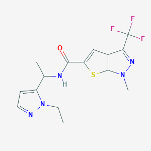 molecular formula C15H16F3N5OS B4634767 N-[1-(1-ethyl-1H-pyrazol-5-yl)ethyl]-1-methyl-3-(trifluoromethyl)-1H-thieno[2,3-c]pyrazole-5-carboxamide 