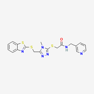 molecular formula C19H18N6OS3 B4635013 2-[5-(benzothiazol-2-ylthiomethyl)-4-methyl(1,2,4-triazol-3-ylthio)]-N-(3-pyri dylmethyl)acetamide 