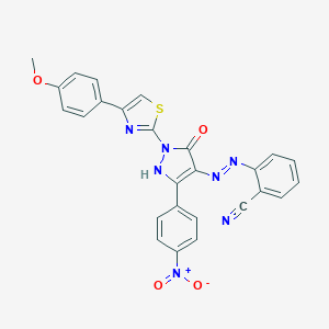 molecular formula C26H17N7O4S B463527 2-(2-{3-{4-nitrophenyl}-1-[4-(4-methoxyphenyl)-1,3-thiazol-2-yl]-5-oxo-1,5-dihydro-4H-pyrazol-4-ylidene}hydrazino)benzonitrile 