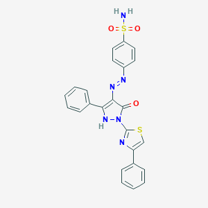 molecular formula C24H18N6O3S2 B463529 4-{2-[5-oxo-3-phenyl-1-(4-phenyl-1,3-thiazol-2-yl)-1,5-dihydro-4H-pyrazol-4-ylidene]hydrazino}benzenesulfonamide 