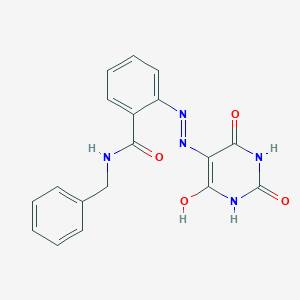 molecular formula C18H15N5O4 B463548 N-benzyl-2-[2-(2,4,6-trioxotetrahydropyrimidin-5(2H)-ylidene)hydrazinyl]benzamide 