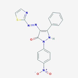 molecular formula C18H12N6O3S B463554 2-(4-Nitro-phenyl)-5-phenyl-4-(thiazol-2-yl-hydrazono)-2,4-dihydro-pyrazol-3-one 
