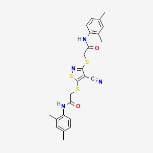 2-{[4-CYANO-3-({[(2,4-DIMETHYLPHENYL)CARBAMOYL]METHYL}SULFANYL)-1,2-THIAZOL-5-YL]SULFANYL}-N-(2,4-DIMETHYLPHENYL)ACETAMIDE