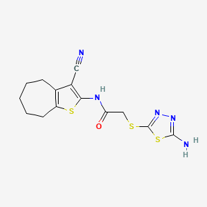 molecular formula C14H15N5OS3 B4635756 2-[(5-amino-1,3,4-thiadiazol-2-yl)thio]-N-(3-cyano-5,6,7,8-tetrahydro-4H-cyclohepta[b]thien-2-yl)acetamide 