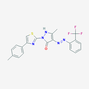 molecular formula C21H16F3N5OS B463656 (4E)-5-methyl-2-[4-(4-methylphenyl)-1,3-thiazol-2-yl]-4-{2-[2-(trifluoromethyl)phenyl]hydrazinylidene}-2,4-dihydro-3H-pyrazol-3-one 