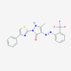 molecular formula C20H14F3N5OS B463660 (4E)-5-methyl-2-(4-phenyl-1,3-thiazol-2-yl)-4-{2-[2-(trifluoromethyl)phenyl]hydrazinylidene}-2,4-dihydro-3H-pyrazol-3-one 