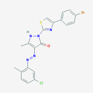 molecular formula C20H15BrClN5OS B463663 (4E)-2-[4-(4-bromophenyl)-1,3-thiazol-2-yl]-4-[2-(5-chloro-2-methylphenyl)hydrazinylidene]-5-methyl-2,4-dihydro-3H-pyrazol-3-one 