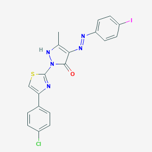 molecular formula C19H13ClIN5OS B463668 (4Z)-2-[4-(4-chlorophenyl)-1,3-thiazol-2-yl]-4-[2-(4-iodophenyl)hydrazinylidene]-5-methyl-2,4-dihydro-3H-pyrazol-3-one 