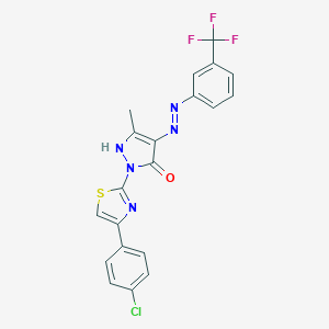 molecular formula C20H13ClF3N5OS B463672 (4E)-2-[4-(4-chlorophenyl)-1,3-thiazol-2-yl]-5-methyl-4-{2-[3-(trifluoromethyl)phenyl]hydrazinylidene}-2,4-dihydro-3H-pyrazol-3-one 