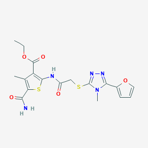 molecular formula C18H19N5O5S2 B4636783 ethyl 5-(aminocarbonyl)-2-[({[5-(2-furyl)-4-methyl-4H-1,2,4-triazol-3-yl]thio}acetyl)amino]-4-methyl-3-thiophenecarboxylate 