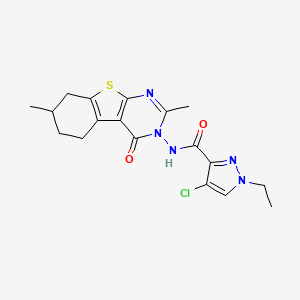 molecular formula C18H20ClN5O2S B4637279 4-CHLORO-N-[2,7-DIMETHYL-4-OXO-5,6,7,8-TETRAHYDRO[1]BENZOTHIENO[2,3-D]PYRIMIDIN-3(4H)-YL]-1-ETHYL-1H-PYRAZOLE-3-CARBOXAMIDE 