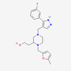 molecular formula C22H27FN4O2 B4638165 2-{4-{[3-(3-fluorophenyl)-1H-pyrazol-4-yl]methyl}-1-[(5-methyl-2-furyl)methyl]-2-piperazinyl}ethanol 