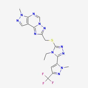 molecular formula C17H16F3N11S B4639785 2-[({4-ethyl-5-[1-methyl-3-(trifluoromethyl)-1H-pyrazol-5-yl]-4H-1,2,4-triazol-3-yl}sulfanyl)methyl]-7-methyl-7H-pyrazolo[4,3-e][1,2,4]triazolo[1,5-c]pyrimidine 