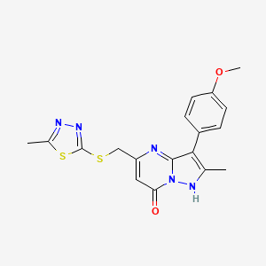 molecular formula C18H17N5O2S2 B4643318 3-(4-methoxyphenyl)-2-methyl-5-{[(5-methyl-1,3,4-thiadiazol-2-yl)thio]methyl}pyrazolo[1,5-a]pyrimidin-7(4H)-one 
