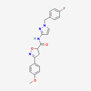 molecular formula C21H19FN4O3 B4643966 N-[1-(4-fluorobenzyl)-1H-pyrazol-3-yl]-3-(4-methoxyphenyl)-4,5-dihydro-5-isoxazolecarboxamide 
