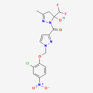 molecular formula C16H14ClF2N5O5 B4646642 1-({1-[(2-chloro-4-nitrophenoxy)methyl]-1H-pyrazol-3-yl}carbonyl)-5-(difluoromethyl)-3-methyl-4,5-dihydro-1H-pyrazol-5-ol 
