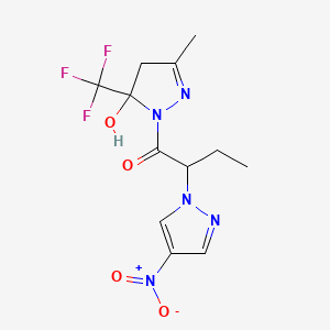 molecular formula C12H14F3N5O4 B4647012 3-methyl-1-[2-(4-nitro-1H-pyrazol-1-yl)butanoyl]-5-(trifluoromethyl)-4,5-dihydro-1H-pyrazol-5-ol 