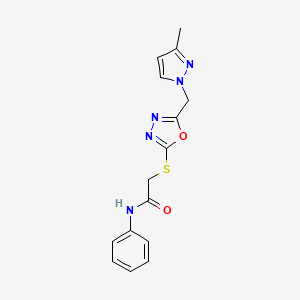 molecular formula C15H15N5O2S B4647115 2-({5-[(3-methyl-1H-pyrazol-1-yl)methyl]-1,3,4-oxadiazol-2-yl}thio)-N-phenylacetamide 