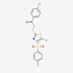 molecular formula C18H13Cl2NO3S3 B4647846 2-({5-chloro-4-[(4-methylphenyl)sulfonyl]-1,3-thiazol-2-yl}thio)-1-(4-chlorophenyl)ethanone 