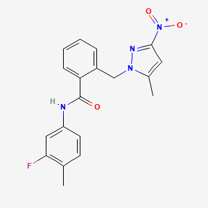 molecular formula C19H17FN4O3 B4648059 N-(3-fluoro-4-methylphenyl)-2-[(5-methyl-3-nitro-1H-pyrazol-1-yl)methyl]benzamide 