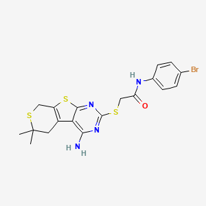 molecular formula C19H19BrN4OS3 B4648910 2-[(4-amino-6,6-dimethyl-5,8-dihydro-6H-thiopyrano[4',3':4,5]thieno[2,3-d]pyrimidin-2-yl)thio]-N-(4-bromophenyl)acetamide 