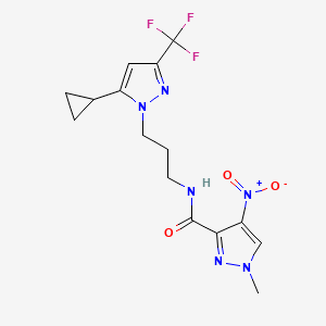 molecular formula C15H17F3N6O3 B4650911 N-{3-[5-cyclopropyl-3-(trifluoromethyl)-1H-pyrazol-1-yl]propyl}-1-methyl-4-nitro-1H-pyrazole-3-carboxamide 