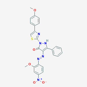 (4E)-4-[2-(2-methoxy-4-nitrophenyl)hydrazinylidene]-2-[4-(4-methoxyphenyl)-1,3-thiazol-2-yl]-5-phenyl-2,4-dihydro-3H-pyrazol-3-one