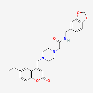 molecular formula C26H29N3O5 B4651552 N-(1,3-benzodioxol-5-ylmethyl)-2-{4-[(6-ethyl-2-oxo-2H-chromen-4-yl)methyl]-1-piperazinyl}acetamide 