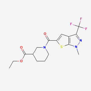molecular formula C16H18F3N3O3S B4652261 ethyl 1-{[1-methyl-3-(trifluoromethyl)-1H-thieno[2,3-c]pyrazol-5-yl]carbonyl}-3-piperidinecarboxylate 