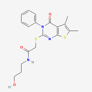 molecular formula C19H21N3O3S2 B4652549 2-[(5,6-dimethyl-4-oxo-3-phenyl-3,4-dihydrothieno[2,3-d]pyrimidin-2-yl)thio]-N-(3-hydroxypropyl)acetamide 