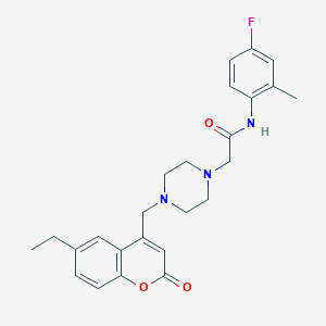 molecular formula C25H28FN3O3 B4652562 2-{4-[(6-ethyl-2-oxo-2H-chromen-4-yl)methyl]-1-piperazinyl}-N-(4-fluoro-2-methylphenyl)acetamide 